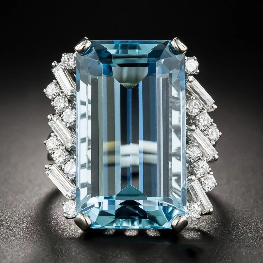 Sterling Silver Emerald Cut Aquamarine & White Sapphire Ring